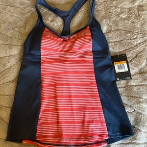 Nike V-Neck Cross Back Swim Tankini Top Coral Gray Pint Print Small
